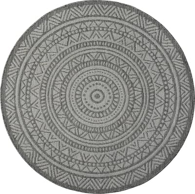 the carpet Mistra – robuust buitentapijt, weerbestendig & modern, voor balkon, terras of keuken, antraciet met etnisch rond patroon, 120 cm rond