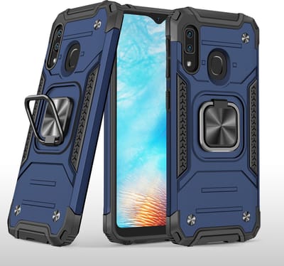 Hoesje Geschikt Voor Samsung Galaxy A01 Core Hoesje - Heavy Duty Armor hoesje Blauw silicone TPU hybride hoesje Kickstand ringhouder met Magnetisch Auto Mount