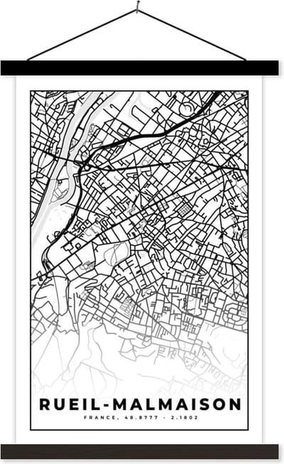 Posterhanger incl. Poster 40x60 cm - Schoolplaat - Frankrijk - Kaart - Plattegrond - Stadskaart - Rueil-Malmaison - Zwart wit - Textielposter - Zwarte latten - Stadskaart