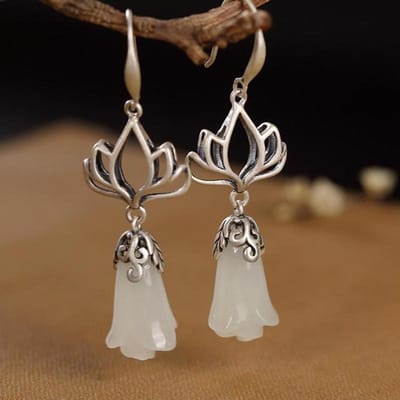 Natuurlijke Hetian Witte Jade Oorbellen Chinees Retro Lotus Uniek Patroon Designer Ambacht Charme Dames Merk Sieraden gray