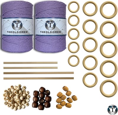 XXL Macramé Pakket | 400 METER | Incl. Handleiding | Lichtpaars | Starter Set | Ringen | Kralen | Stokken | Macramé Touw | 3mm | 100% Katoen | Macramé | Decoratie | DIY | Doe Het Zelf | Wandkleed | Dromenvanger | Plantenhanger | Tassen | TheOldOmen