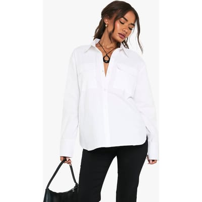 boohoo Dames Katoenen Oversized Zakdetail Shirt | Wit | Maat: 34