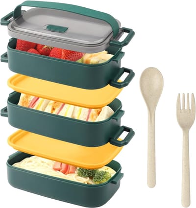 Famanu - Bento-box, Bento-lunchbox voor volwassenen en kinderen, 3-laags voedselopslagcontainers, lekvrije bento-lunchbox met vork en lepel, geschikt voor volwassenen, lunchbox voor werk, kantoor, school