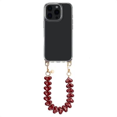 Selencia Transparant Hoesje met Haakjes inclusief Hartjes Polskoord - Geschikt voor Apple iPhone 16 Pro Max - Burgundy