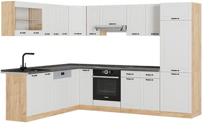 Vicco Hoekkeuken R-Line, Wit Landhuis/Goudkleurig Eiken, 287 x 227 cm, WB Antraciet
