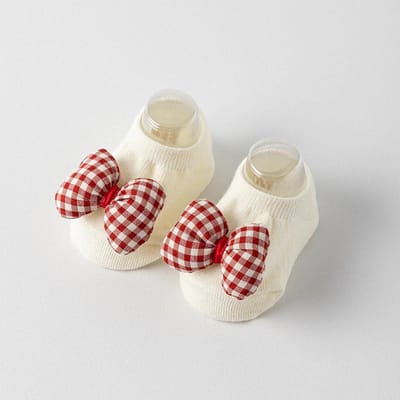 Baby Rode Kerstsokken Strik Peuter Boot Sokken Effen Katoen Korte Sok 0-3 Jaar Kinderen Rubberen Bodem Antislip Vloersok Nieuwjaar fit 1-3 Year