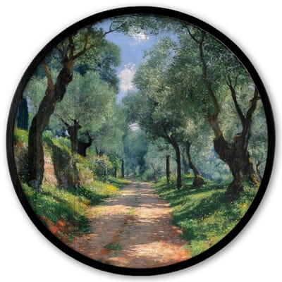 Poster in lijst Rond - Fotolijst 40x40 cm - Posters - Pad - Bomen - Schaduw - Ronde posterlijst zwart - Decoratie - Wanddecoratie woonkamer - Muurdecoratie slaapkamer