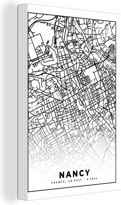 Canvas Schilderij Stadskaart - Nancy - Plattegrond - Kaart - Frankrijk - Zwart wit - 20x30 cm - Wanddecoratie
