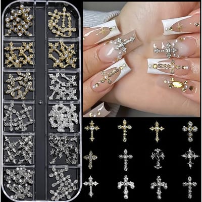 12 Ruitjes/Doos Y2K Kruis Gemengde Stijl 3D Nagellak Strass, Punk Gotische Legering Kruis Nageldecoratie, Gemengde 3D Nagellak Decoratie Voor Manicure Benodigdheden gray