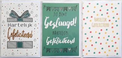 3 Wenskaarten - Geslaagd + 2 x Hartelijk Gefeliciteerd - 12 x 17 cm – GES-303