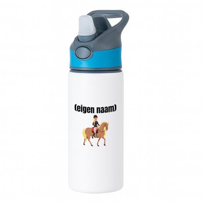 Hacebo® - paardrijder vrouw met eigen naam waterfles met rietje blauw - Paarden - paarden liefhebbers - iemand die houdt van paarden - verjaardag - cadeau - kado - water fles - 650ML