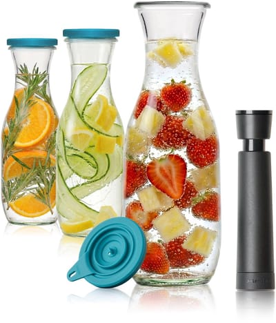 Airtender Waterkaraf 1000ml (3st.) | Instant Water Infuser | 3x Waterkaraf van glas (1L) | 3x Vacuümdeksel + GRATIS -pomp | Water infuseren met fruit | Plasticvrij | Vitaminerijk water | Zonder vacuüm te gebruiken | Vitamines bewaren met vacuüm