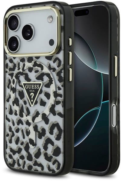 Guess Back Cover Case - iPhone 17 Pro Max - Black - Leopard Glitter Edition - Schokabsorberend TPU