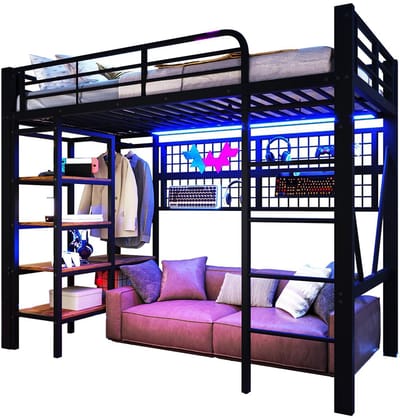Komhtom Hoogslaper, 90 x 200 cm, ijzeren frame, opbergvak, net om spullen op te hangen, met kledingstang, open ruimte onder het bed, met LED-lichtstrip, zonder matras, zwart