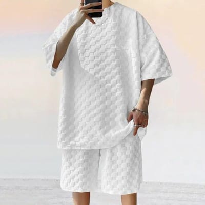 Costume de sport pour hommes, été coréen, Jacquard, Plaid, T-shirt et short, ensemble deux pièces, décontracté, rétro, ample, haut à col rond M blanc