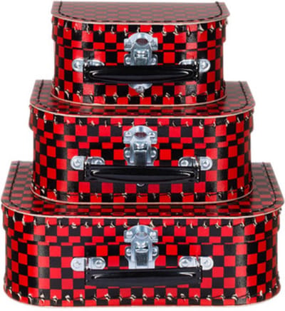 Kofferset - 3 koffers - 16-20-25cm - Decoratie - Kartonnen koffer - Logeerkoffer - Speelkoffer - Poppenkoffer- Opbergen - Vertelkoffer - Cadeau - Kraamkado - Geblokt rood/zwart pop-art