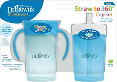 Dr. Brown's Milestones Rietjesbeker & 360° Oefenbeker Set 2 Stuks 300ml (Blauw/Wit) – BPA-vrij – Verwisselbare Deksel met Siliconen Rietje – Vanaf 9 Maanden