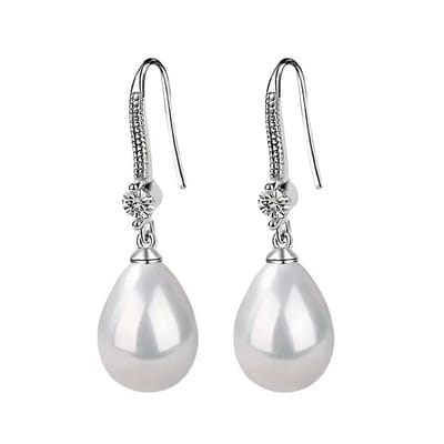 Zilverkleurig oorhangers oorbellen voor dames met druppelvormige witte parel en fonkelende steen
