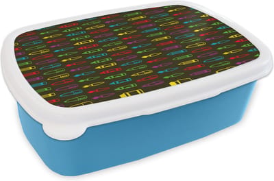 Broodtrommel Blauw - Lunchbox - Brooddoos - Potloden - Patronen - Stift - Regenboog - 18x12x6 cm - Kinderen - Jongen