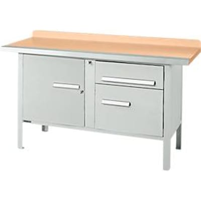 Box-type werkbank Schäfer Shop Select PWi 150-3, beuken multiplex blad, met stalen rand, tot 750 kg, B 1500 x D 700 x H 840 mm, lichtgrijs