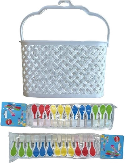 Wasknijpermand - Wasknijpermandje - Met 24 Wasknijpers - 3 Liter - 22,5 x 15 x 14 cm - Wit