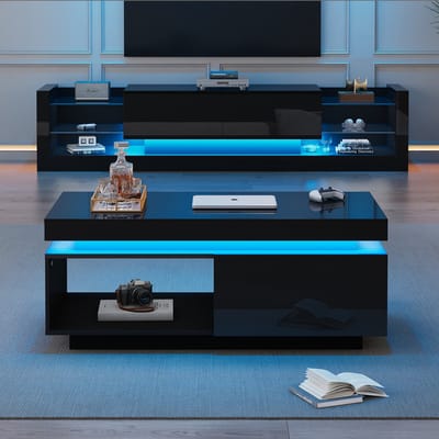 DESMIU Televisiekast En Salontafel Set - Hoogglans Met Ledverlichting - Voor Woonkamer En Moderne Interieurs - Spaanplaat - Zwart - 181 Cm