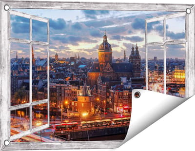 Gards Tuinposter Doorkijk Amsterdam Centrum Luchtfoto Zonsondergang - 60x40 cm - Tuindoek - Tuindecoratie - Wanddecoratie buiten - Tuinschilderij