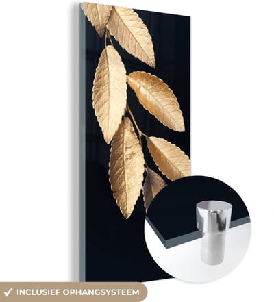 MuchoWow® Glasschilderij 60x120 cm - Schilderij acrylglas - Bladeren - Zwart - Goud - Luxe - Planten - Foto op glas - Schilderijen