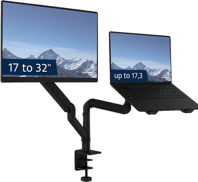 DESQ® Laptop Set Up - Dubbele Monitorarm - 17-32" Scherm & Max 17.3" Laptop - Bureauklem + Bladdoorvoer - Zwart