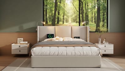 Bed 160x200 met Opbergruimte, USB & Leeslamp – Casa Velluto Gestoffeerd Tweepersoonsbed met Lade en Lattenbodem – Modern Opbergbed met Hoofdbord en Oplaadfunctie – Beige