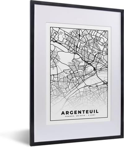 Fotolijst incl. Poster Zwart Wit- Stadskaart - Plattegrond - Argenteuil - Kaart - Frankrijk - Zwart wit - 30x40 cm - Posterlijst