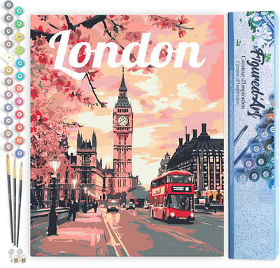 Figured'Art Schilderen op Nummer Volwassenen canvas Reisposter Londen in Bloei - Handwerk acrylverf Kit DIY Compleet - 40x50cm zonder frame