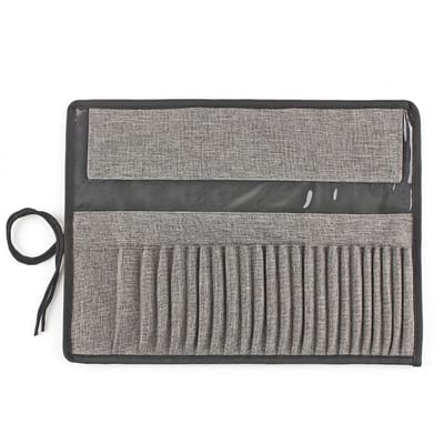 Grijs stoffen penselen etui oprolbaar 24 vaks penselenetui voor dames en heren met transparant vak en koordsluiting draagbare kwasten houder organizer opbergtas
