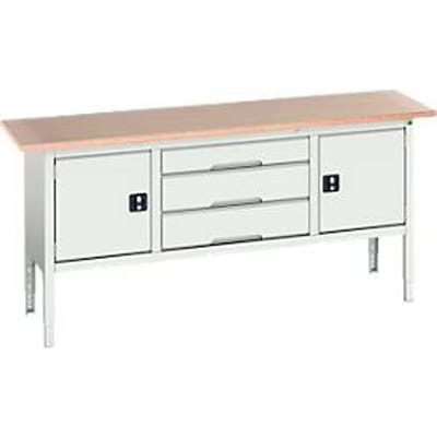 Bott verso box-type werkbank, met multiplex blad, 3 laden & 2 deuren, B 2000 x D 600 x H 830 - 930 mm, lichtgrijs RAL 7035