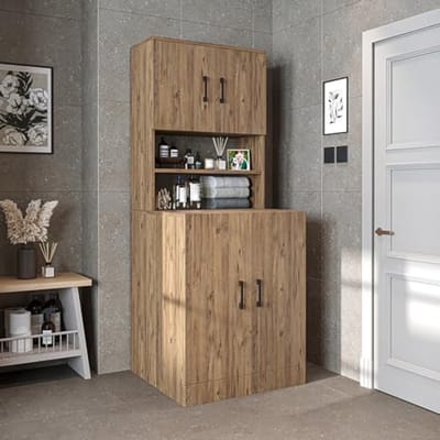 Badkamer wasmachinekast met bovenkast - 70 x 180 x 69 cm - Eiken