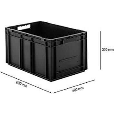 Bak in EURO-maat EF 6320, geleidend PP, l. 600 x B 400 x H 320 mm, inhoud 63,7 l, open handgreep, zwart