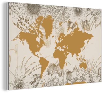 Aluminium schilderij 180x120 cm - Wanddecoratie metaal - Wereldkaart - Goud - Bloemen - Metalen muurdecoratie woonkamer - Decoratie industrieel - Foto op dibond - Industriële accessoires slaapkamer