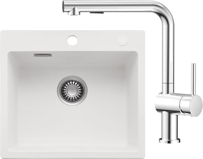 CECIPA max Spoelbak voor keuken 40x45CM - Graniet Spoelbakken Met Keukenkraan met 2 straalsoorten - Enkele spoelbak Wit - Met waterafvoersysteem - Voor 40 cm kast