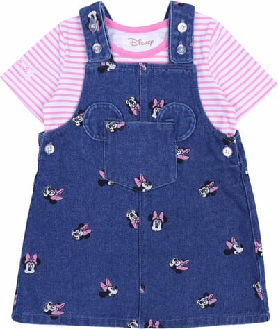 Denim jurk, tuinbroek + gestreept Minnie Mouse shirt