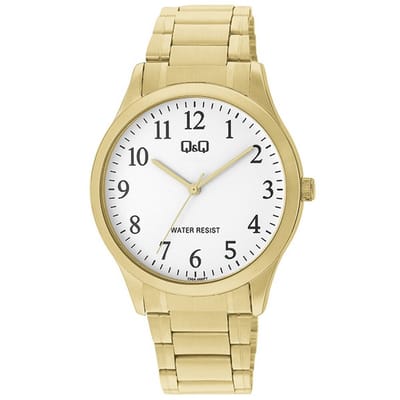 Q&Q C00A-006PY - Horloge - Analoog - Mannen - Heren - Stalen band - Rond - Metaal - Cijfers - Goudkleurig - Wit