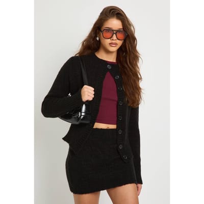 boohoo Dames Ronde hals gebreide cardigan en minirok | Black | Maat: Small