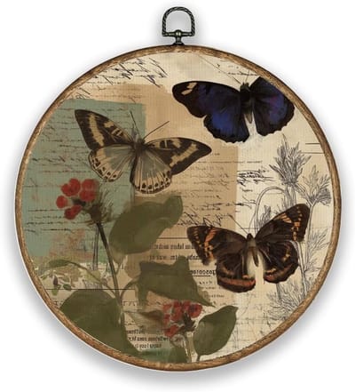 SnelShoppen - Ronde Muurkunst Decor Vlinder Bloemen Hout Textuur Kunststof Frame 26 cm Vintage Kleur Polyester Wanddecoratie voor Tuin Café Balkon Kan
