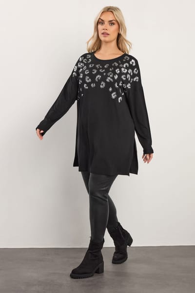 Yours Zwarte Top Met Luipaardprint, Pailletten En Lange Mouwen Size 42