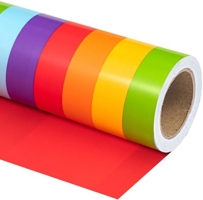 Dailygoody - Verjaardags inpakpapier - Omkeerbaar - Mini-rol - 43,2 cm x 10 m - Kleurrijk en Effen Rood - Perfect voor Feest en Babyshower