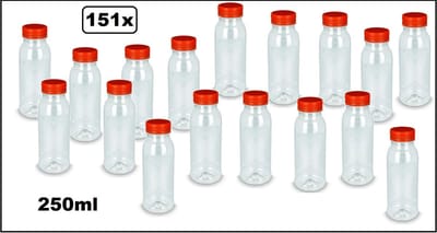 151x Flesje PET 250cc met oranje dop - 250ml - Sap water gerecyclede drink fles vruchten limonade drank festival uitdeel party