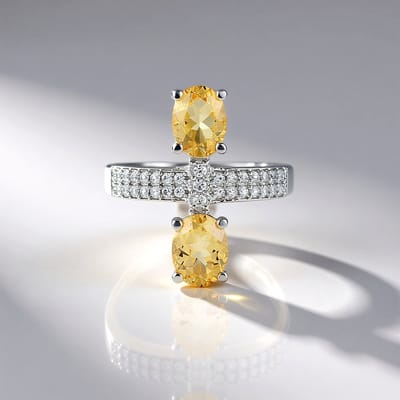 Cavill - Zilveren Ring 925 Sterling Zilver Platina Verguld - 1,716 ct Gele Beryl Ovaal - 31x Cambodjaanse Zirkonia - Elegant Dames Sieraad