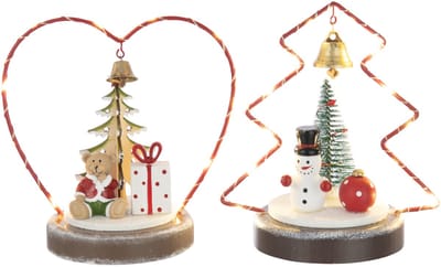 J-Line figuur Beer + Sneeuwman - multiplex - rood/wit - 2 stuks - LED lichtjes