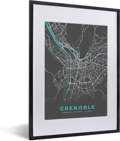Fotolijst incl. Poster - Grenoble - Frankrijk - Plattegrond - Kaart - Stadskaart - 30x40 cm - Posterlijst