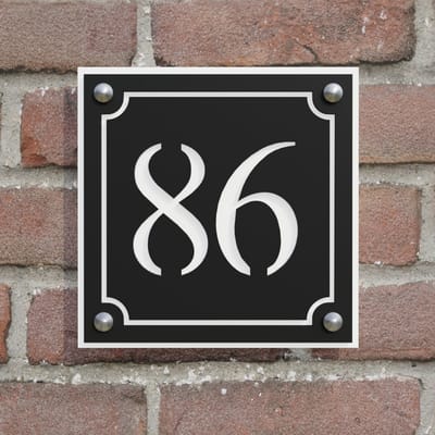 Huisnummerbord vierkant met elegant kader - zwart/wit - zilveren RVS afstandshouders - 20 cm