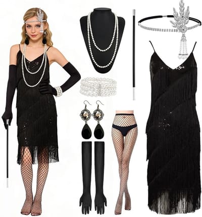 Elegante 1920s Charleston Flapper Jurk met Accessoires voor Carnaval, Halloween en Themafeesten - 8-delige Set voor Vrouwen